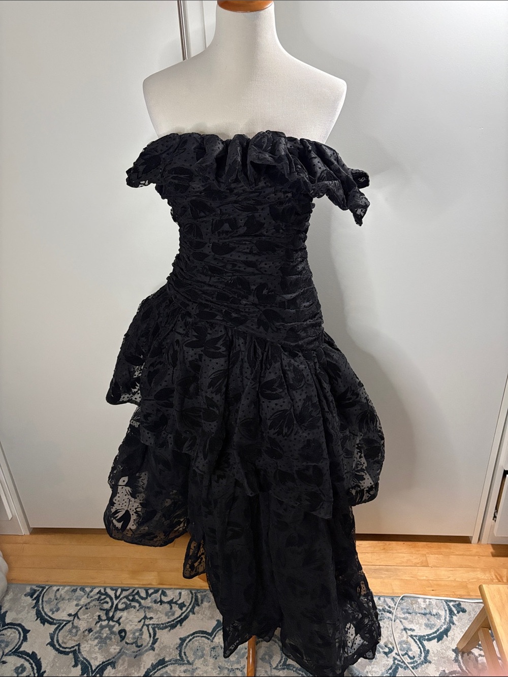 Vintage 1980 Arnold Scaasi Boutique Black Flocked Tulle Off-Shoulder Ball Gown 8